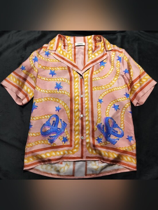 Sandro Tops - EUC Sandro 100% Silk Pink Blue Short-Sleeve Rope & Star Button Up Shirt Small XS